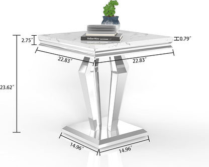 Faux Marble End Table, 23" Square White End Table with Faux Faux Marble Tabletop, Modern Sofa Side Table with Silver Stainless Steel Base & Mirrored Finish for Office Living Room