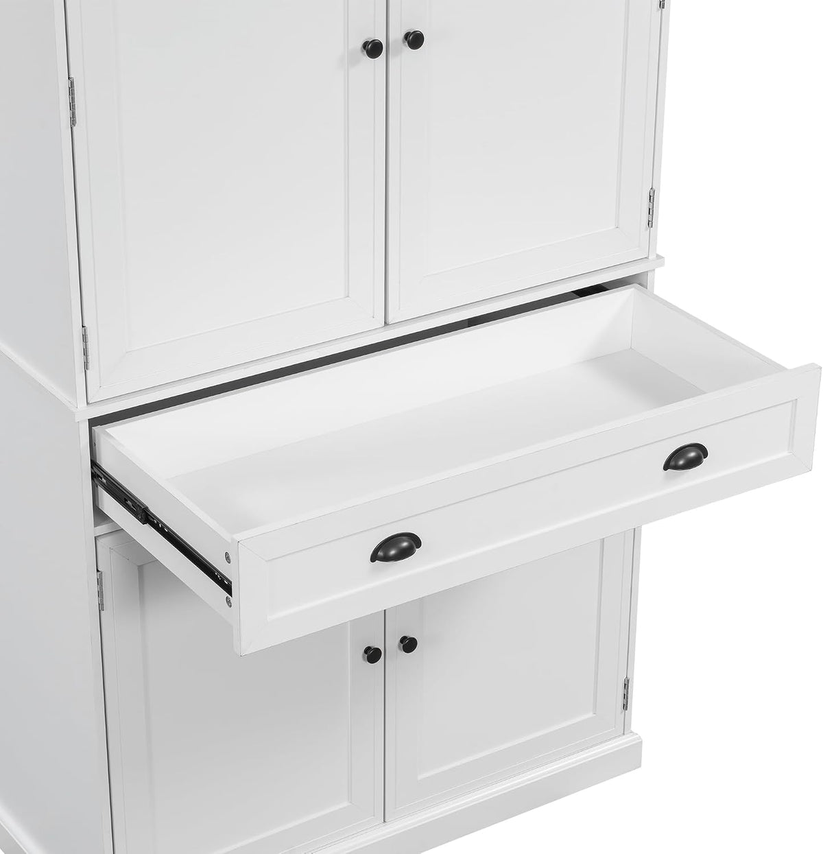 Polibi Freestanding Pantry Cabinet with 4 Doors & 1 Drawer, 3 Adjustable Shelves & Pull-Out Trays, Shaker Style Kitchen Storage for Dining Room, Living Room, Entryway (White)