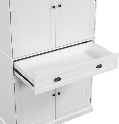 Polibi Freestanding Pantry Cabinet with 4 Doors & 1 Drawer, 3 Adjustable Shelves & Pull-Out Trays, Shaker Style Kitchen Storage for Dining Room, Living Room, Entryway (White)