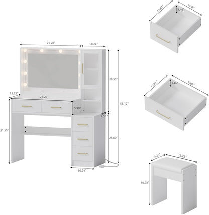 TOKSOM Makeup Vanity with Lights & Charging Station, White Vanity Table with 5 Drawers & Open Storage Shelves, Bedroom Makeup Dressing Table Set for Women Girls