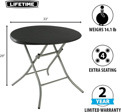 LIFETIME 33-Inch Round Folding Table, Black, Portable Indoor Outdoor Use