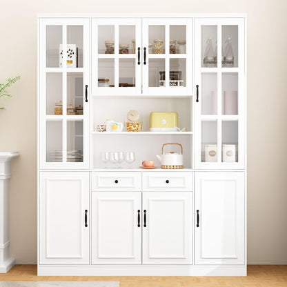 MOUMON Large Kitchen Hutch Storage Cabinet with Adjustable Shelves & Glass Doors, Pantry Organization and Kitchen Storage with Drawers, White (63”W x 15.7”D x 78.7”H)