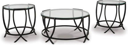 GTU Furniture Contemporary Glass Round 3-Piece Coffee Table Set, Cocktail Table with 2 Matching End Tables, Black Finish for Living Room