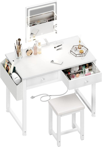 Lufeiya Small Makeup Vanity Desk with Fabric Drawers, 32 inch White Vanity Desks with Mirror and Light, Dressing Table and Chair Set with Power Outlet for Girls Bedroom, White