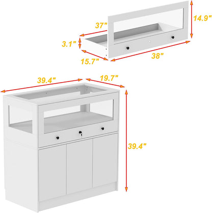 Homsee Wardrobe Armoire Closet with Lock, Walk-in Closet Island Dresser with Glass Showcase, Drawers & Doors, Modern Storage Display Cabinet for Bedroom, Fitting Room & Shops, White