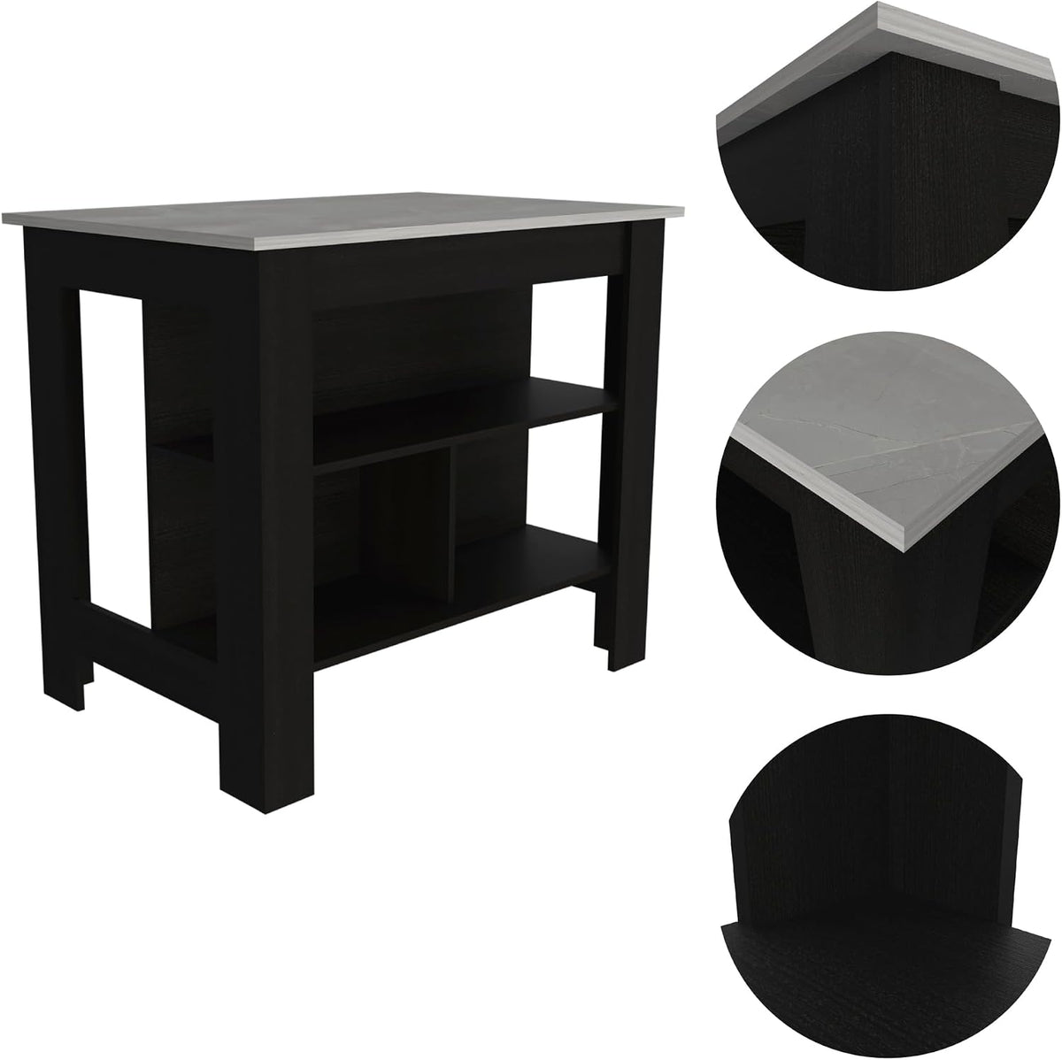 Kitchen Island with Four Legs and Three Shelves - Black/Ibiza Marble | Three shelves and four legs provide functional storage and support