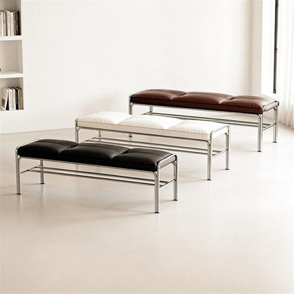 Modern Stainless Steel Long Bench with White Leather Cushion Home-use Soft-Padded Shoe Changing Stool Entryway(Medium)