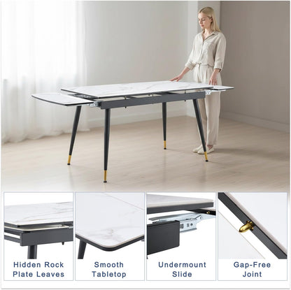 Extendable Dining Table Set for 8, 55"–79" Rectangular Dining Table with White Sintered Stone Top and 8 PU Leather Chairs, Modern Kitchen & Dining Room Table for Family Gatherings, Built to Last