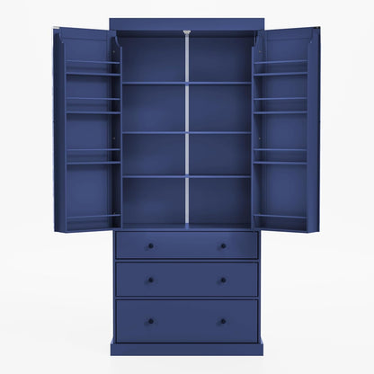 Tall Kitchen Pantry Cabinet Wood Freestanding Large Cupboard with 3 Drawers, 8 Door-Shelf and Adjustable Shelves for Dining Room (Blue)