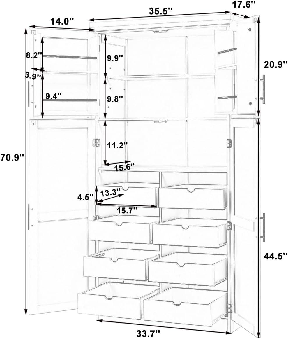 Freestanding Cabinet with 4 Doors, 2 Door Shelves, Tall Storage Cabinet with 8 Pull-Out Trays and Adjustable Shelf for Dining Room Kitchen Pantry (Blue)