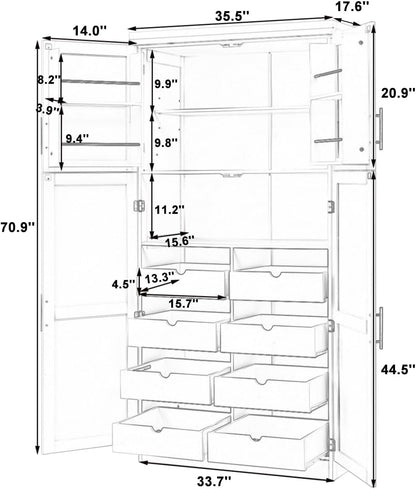 Freestanding Cabinet with 4 Doors, 2 Door Shelves, Tall Storage Cabinet with 8 Pull-Out Trays and Adjustable Shelf for Dining Room Kitchen Pantry (Blue)