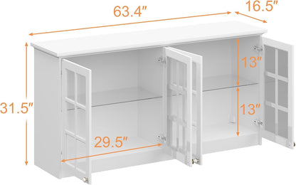 Timechee Large Cupboard, Modern Kitchen Food Pantry Storage Cabinet, White Hanging Bathroom Wall Mounted Cabinet Storage with Glass Shelf and Doors for Laundry Room(63.4"x 16.5"x 31.5")