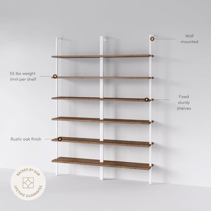 Nathan James Theo 6-Shelf Tall Bookcase, Wall Mount Bookshelf with Natural Wood Finish and Industrial Metal Frame, Rustic Oak/White, Set of 2