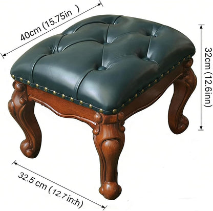 Leather Foot Stool,Vintage Footstools,Wooden Footrest,Upholstered Foot Rest for Living Room,Sofa,Entryway,Solid Wood Stool Walnut (Blue)