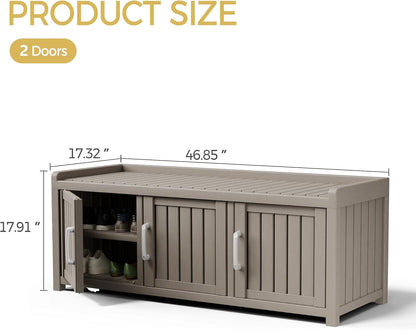 Shoe Bench - Waterproof Resin Storage Bench with Adjustable Shelves - Indoor & Outdoor Use, 3 Doors Entryway Bench with Hidden Storage Space - Storage Cabinet for Bedroom, Hallway, Grey