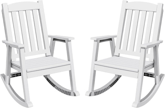 Greesum Outdoor Plastic Rocking Chair Set of 2, Patio Rocking Chair for Outside, Waterproof & Rust-Proof, Supports 300 lbs, Suitable for Garden Lawn Front Porch Poolside – White