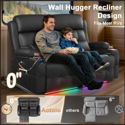 Power Reclining Loveseat with Massage & Heat,Wall Hugger Loveseat Recliner with LED Lights,USB & Type-C Ports, Ideal for RV, Home Theater and Living Room,Black,2 Seats