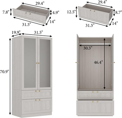 MOUMON Modern Wardrobe with Drawers, Bedroom Armoires with Frosted Glass Doors and Hanging Rod, Armoire Wardrobe Closet with Gold Knobs, Wood Grain 31.5" W x 19.9" D x 70.9" H