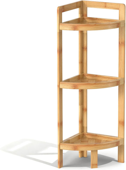 2026 New Bamboo Standing Shelf, 3 Tier Corner Shelf Stand, Free-Standing Shelf Units, Triangular Curved Corner Shelf Stand for Space-Saaving Display Ideal for Bathroom/Kitchen/Living Room Storage