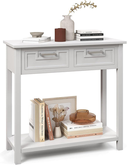 GOFLAME Small Console Table with 2 Drawers, 31” Entry Table with Storage Shelf, Modern, Narrow Sofa Table for Living Room, Hallway, Entrance (White)