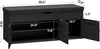 Homleke Shoe Storage Bench with Lift Top & 3 Barn Doors, Entryway Bench with Removable Cushion, Adjustable Shelf, Hidden Storage Cabinet for Hallway, Living Room, Bedroom - Black