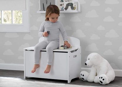 Delta Children MySize Toddler Bed, Bianca White + MySize Kids Wood Table and 2 Chair Set + MySize Deluxe Toy Box (Bundle)