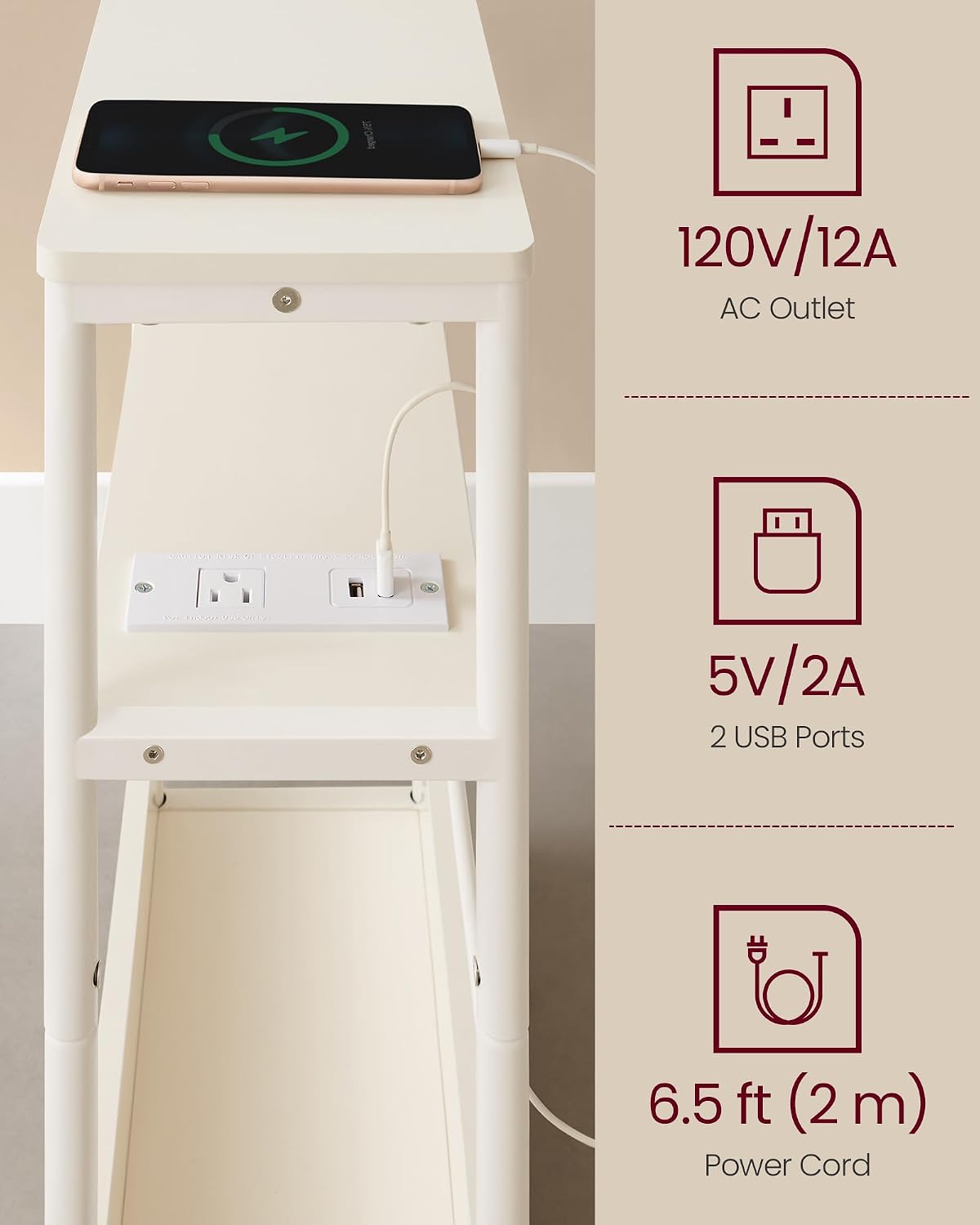 VASAGLE Side Tables with Charging Station, Set of 2 Narrow End Tables, 3-Tier Nightstands, Sofa Tables for Small Spaces, for Living Room, Bedroom, Study, Cream White ULCT664W01