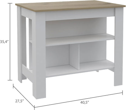 Kitchen Island with Three Shelves and Four Legs - Light Oak/White | Three-tiered design with light oak and white finish