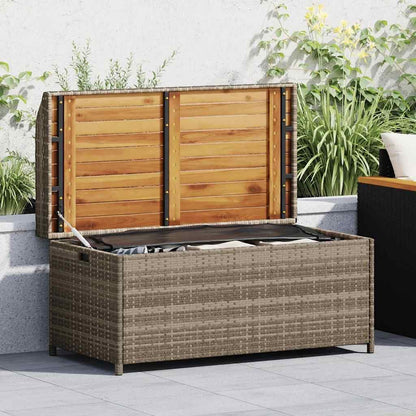 Poly Rattan Storage Bench with Acacia Wood Frame, Grey and Brown Outdoor Seating with Gas Spring Lid, Water-Resistant Patio Storage for Cushions and Tools