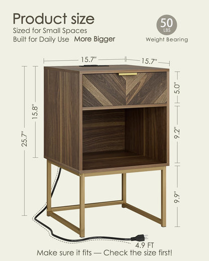 Nightstand with Charging Station,Modern Night Stand Boho Farmhouse Wood Bedside Table with Storage Drawer and Open Shelf,Side End Table for Bedroom,Living Room,Walnut