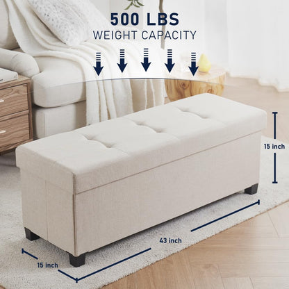Ornavo Home 43" Large Storage Ottoman Bench with Legs, Beige | Foot Rest Stool; Ottoman with Hidden Storage; Ideal for Bedroom, Living Room, Entryway or Home Office