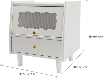 Gdrasuya10 White Solid Oak Wood Nightstand with 2 Drawers, Mid-Century Modern Night Stand Bedside Table Square Small Nightstand End Table Side Table for Bedroom Living Room