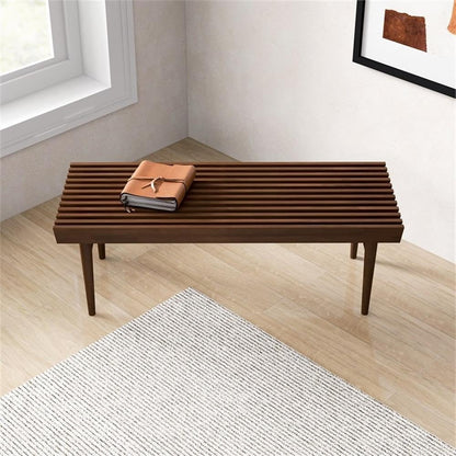Pemberly Row 47" Mid Century Modern Rectangle Felicity Brown Teak Wood Bench Seat for Living Room, Dining Room, Bedroom, Entrance, Hallway, in Walnut Finish