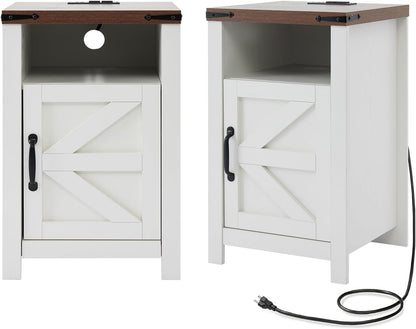 Farmhouse Nightstand Set of 2 with Charging Station, Modern Bedside Table with Barn Door and Shelf, Sofa Side Table End Table for Bedroom, Living Room, White