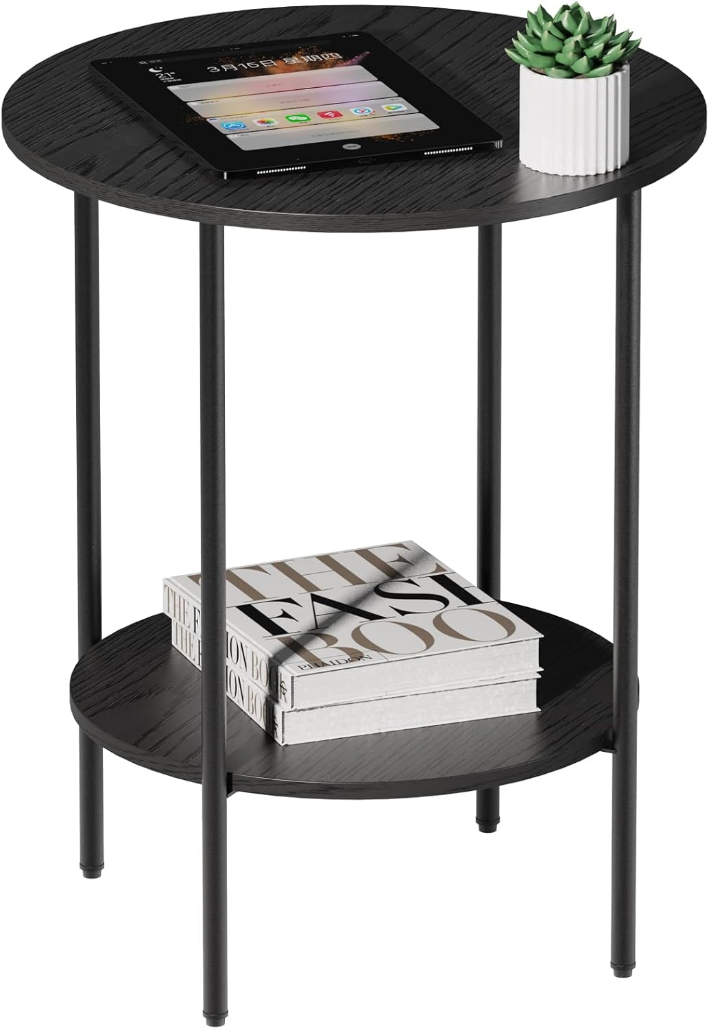 Side Table,Round End Table with 2 Storage Shelves| Compact Side Tables for Living Room, Couch, Office & Bedroom | Narrow Accent Table as Space-Saving Small Bedside Table 18x18x22in(Black)