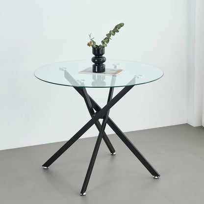 Modern Dining Table for 4 People, 36" Round Dining Table with Black Chrome Metal X-Base, Circle Tempered Glass Dining Room Table, Small Kitchen Dining Room Tables Dinner Tables