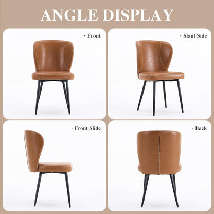Dining Chairs Set of 2, Upholstered Synthetic Leather Kitchen Chairs, Mid-Century Modern Dining Room Chairs with Thick Cushion, Stitching Backrest and Metal Legs, Brown