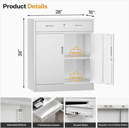 Metal Storage Cabinets with Drawer, 36" H Lockable Storage Cabinet with Doors and Adjustable Shelves, Small White Steel File Cabinet for Home, Office, Warehouse, School, Assembly Required