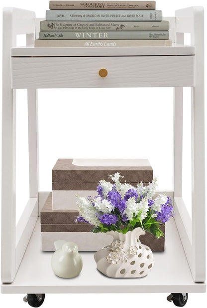 Wood End Table with Drawer, 2 Tiers Side Table with Open Storage Mobile Couch Table Floor Rolling Cart with Large Capacity White for Bathrooms Living Room Office