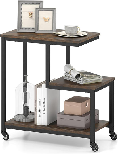 GOFLAME G-Shaped End Table, 3-Tier Sofa Side Table with Wheels, Open Shelves, Metal Frame, Modern Display Accent Table, Small Narrow Rolling Nightstand for Living Room, Bedroom, Rustic Brown