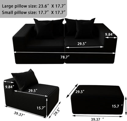 Oversized Cloud Couch Ottoman, Frameless Wide-Wale Corduroy Footrest for Living Room, High-Density All-Foam Large Rectangle Ottoman Coffee Table for Sectional Sofa (Black, Ottoman)
