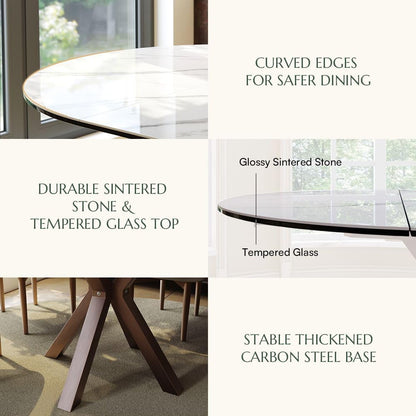 POVISON Modern Extendable Dining Table, 47" to 63" Round to Oval Sintered Stone Kitchen Table with Carbon Steel Pedestal Base for 4-6, White with Bronze(Table Only