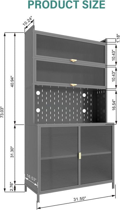 73'' Tall Kitchen Pantry Cabinet, 2 Level Flip Door with Pegboard Metal,Anti-Tip Design Hutch for Kitchen,Dining Room, (Gray)