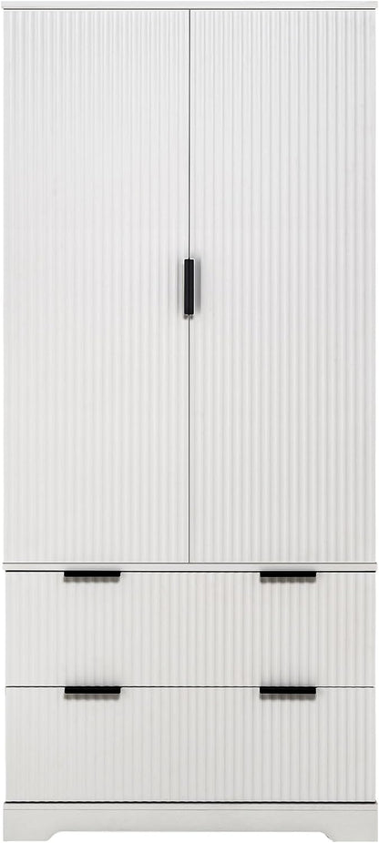 72'' Tall Farmhouse Pantry Cabinet with 2 Drawers and 2 Doors – Grooved MDF Freestanding Storage Cabinet for Kitchen, Bathroom, Entryway, or Dining Room (White)