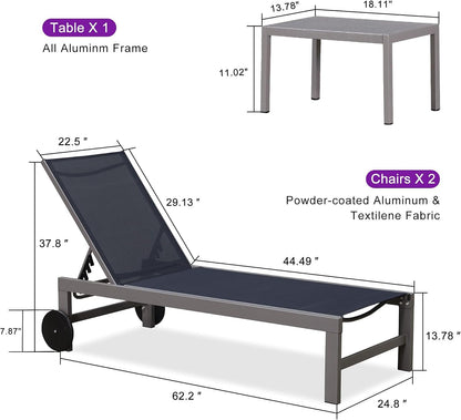 PURPLE LEAF Patio Lounge Chair Set for 2, All Weather Aluminum, Navy Blue | Powder-coated aluminum holds 270 lbs, quick-dry Textilene mesh, 5-position flat recline, smooth wheels, included side table