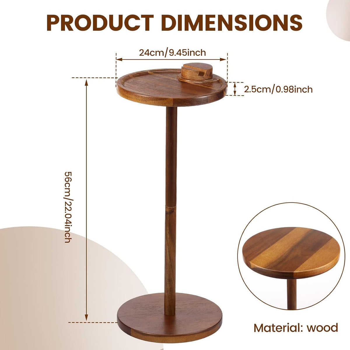 Round Side Table, Small Drink Table for Small Spaces, Wooden Pedestal Side Table for Living Room, Bedroom, Corners, and Office