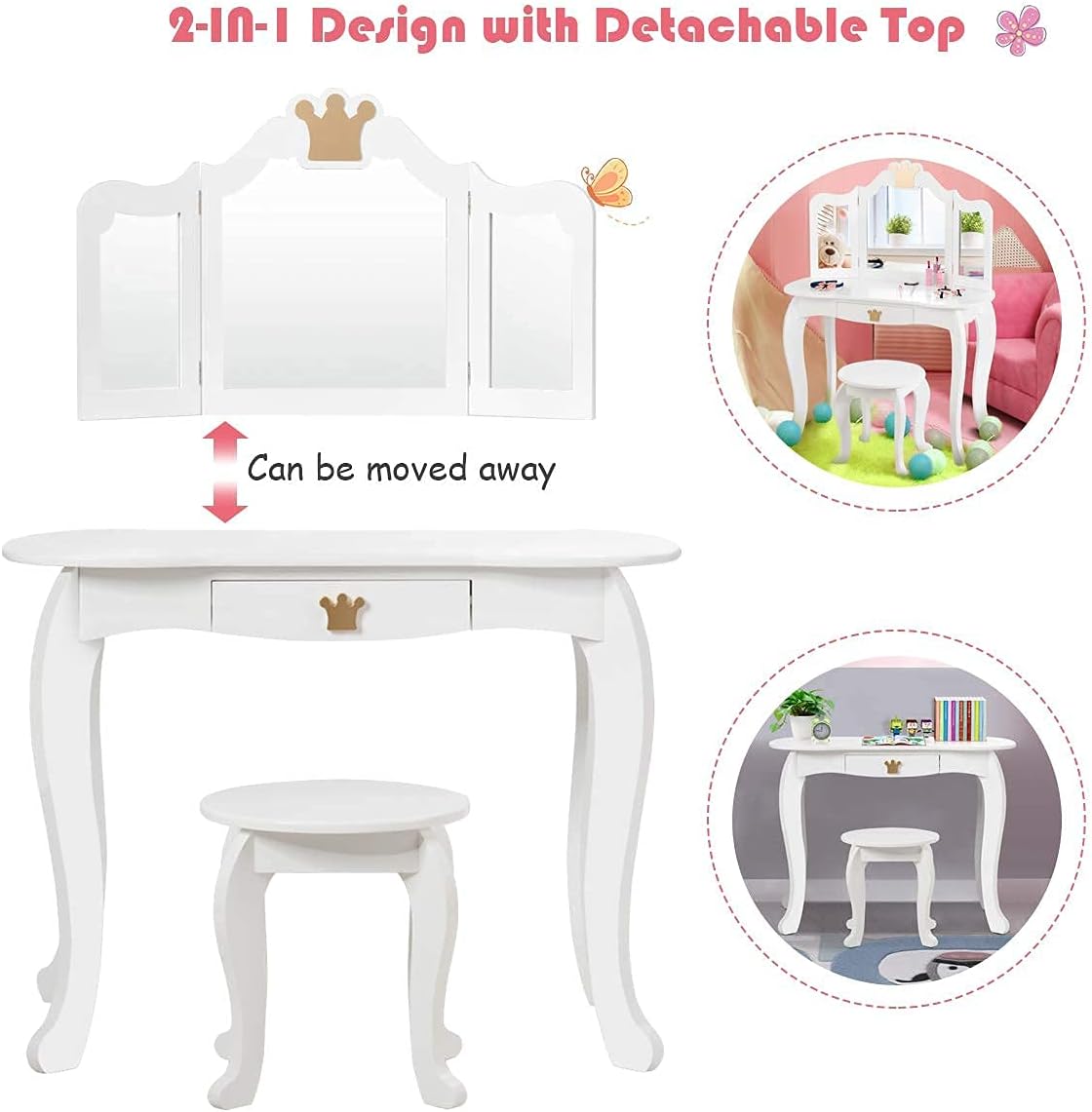 HONEY JOY Kids Vanity, Crown Themed Toddler Dressing Makeup Table and Chair Set w/Drawer & Tri-Folding Mirror, Detachable Mirror, Princess Pretend Play Girls Vanity Set with Mirror and Stool(White)
