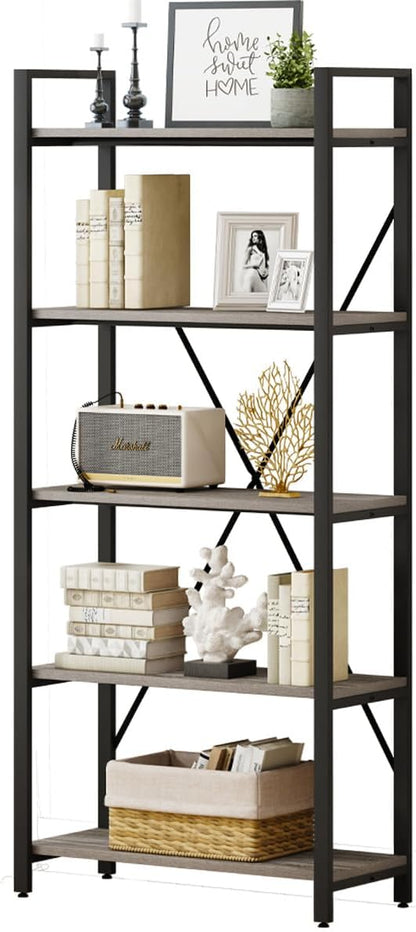 Industrial Bookshelf, Etagere Bookcases and Book Shelf 5 Tier Shelves, Grey Wood and Metal Shelving Unit (Dark Gray Oak)