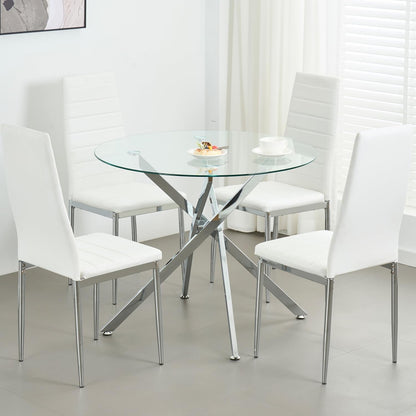 Modern Dining Table for 4-6 People, 47" Round Dining Table with Silver Chrome Metal X-Base, Circle Tempered Glass Dining Room Table, Small Kitchen Dining Room Tables Dinner Tables