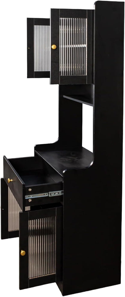Kitchen Pantry Cabinet with Doors and Drawer, 71" Freestanding Kitchen Hutch Cabinet with Open Shelf and Cable Management Hole, Coffee Bar Cabinet Buffet Sideboard for Kitchen Dining Room (Black)